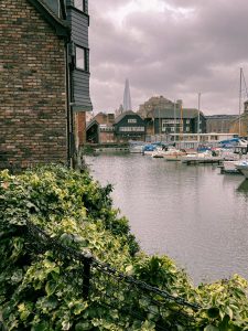 coastal city with moored boats in cloudy day