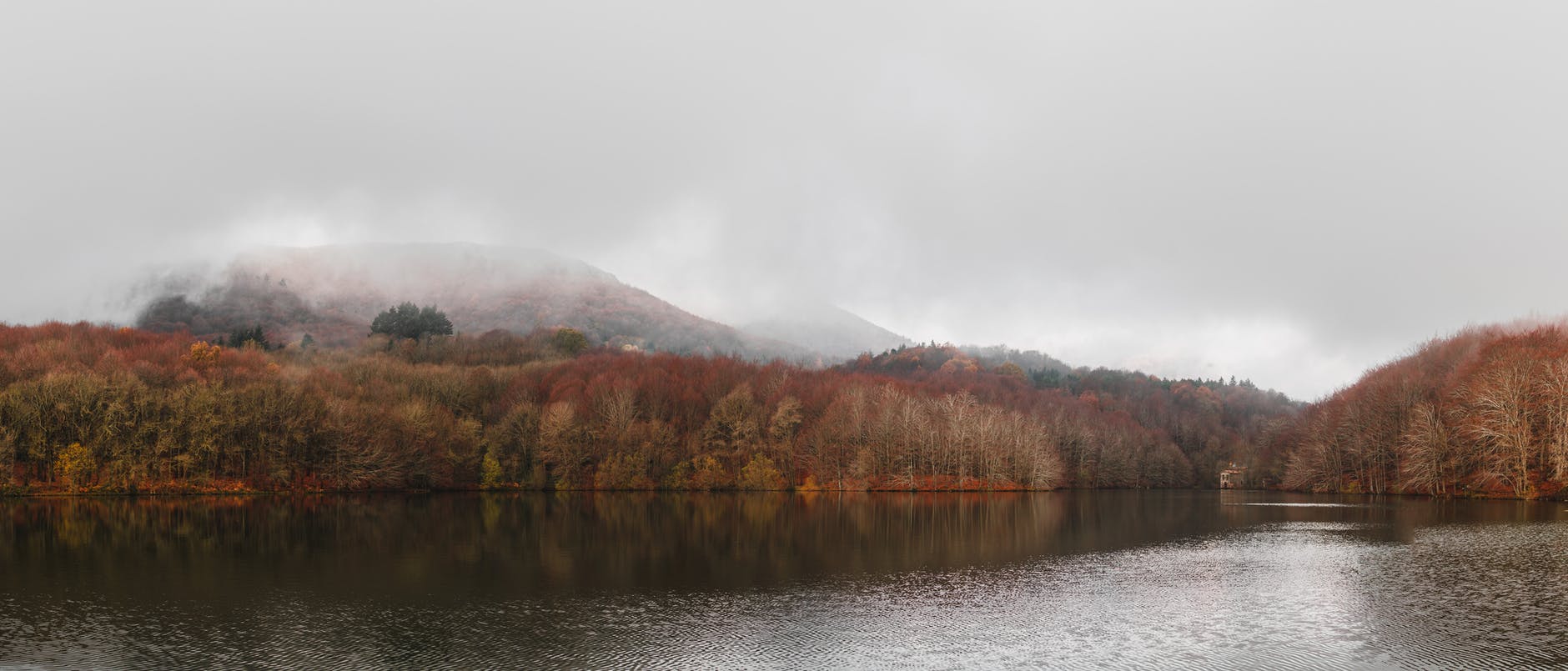 rippling lake with fall trees on shore