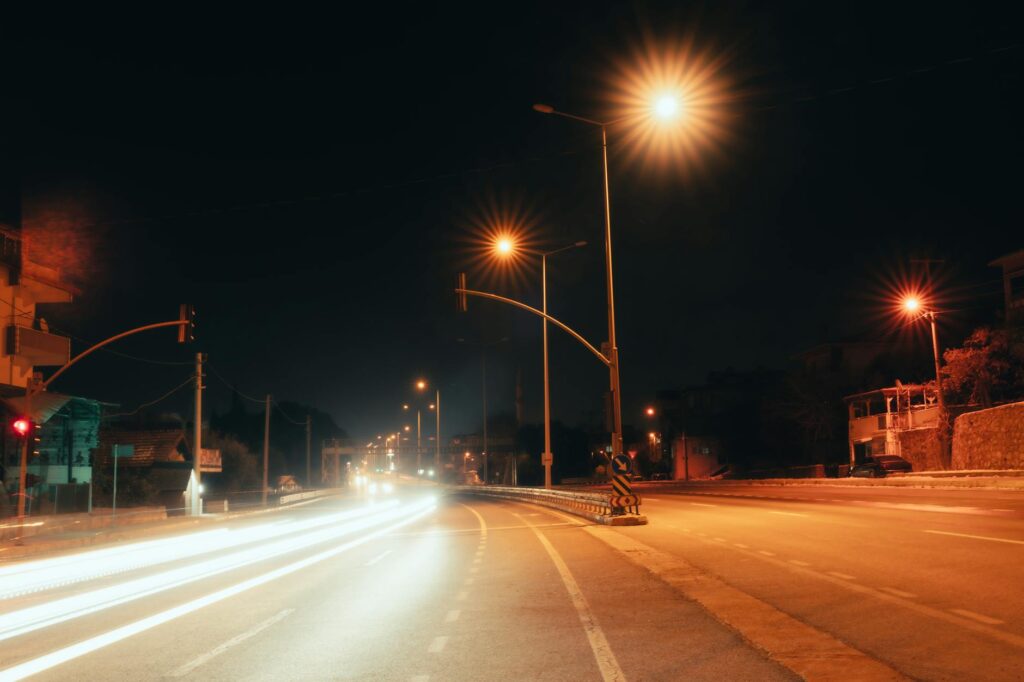 nighttime long exposure of city street lights